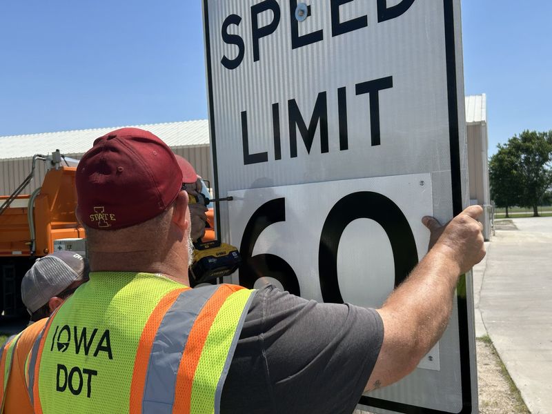 Iowa Department of Transportation workers place 60 mph stickers on speed limit signs to accommodate a new law raising the limit from 55 mph.