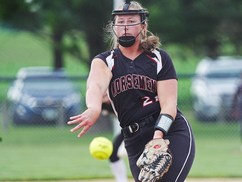 Roland-Story pitcher Miley Geise (22) pitches the ball against Grand View Christian at the Hennessy Diamonds on June 25 in Roland, Iowa.
