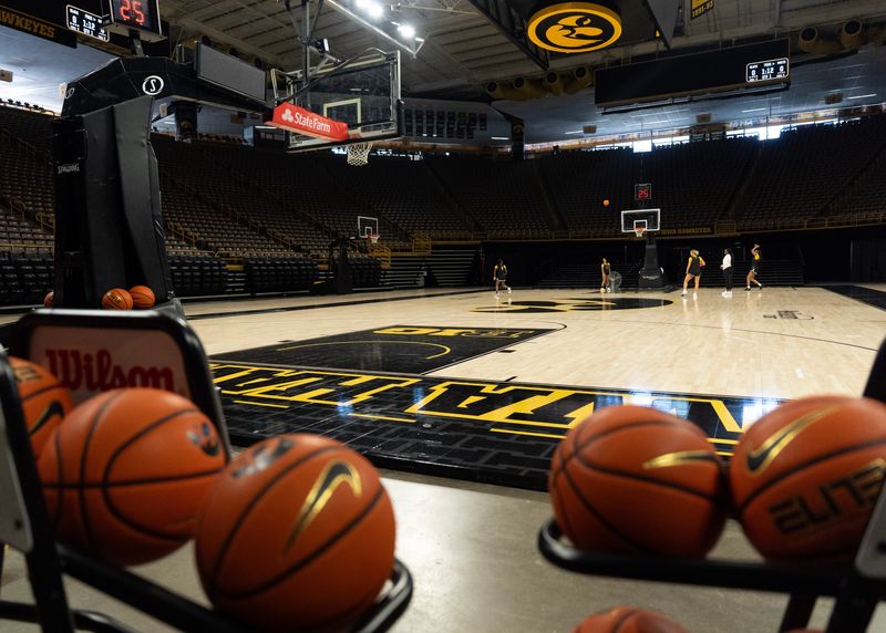 The new basektball court at Carver-Hawkeye Arena is pictured on June 25, 2026, in Iowa City, Iowa.
