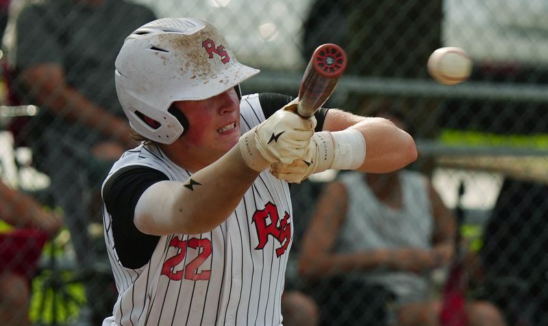 Cael Faber, seen here bunting the ball against Gilbert during a doubleheader on June 29 in Story City, turned in a masterful pitching performance for the Class 2A No. 2 Norsemen during their 10-0 win over Greene County in the 2A District 4 semifinals on July 7 at Story City. Faber threw a perfect game over five innings before the game was called due to the mercy rule.
