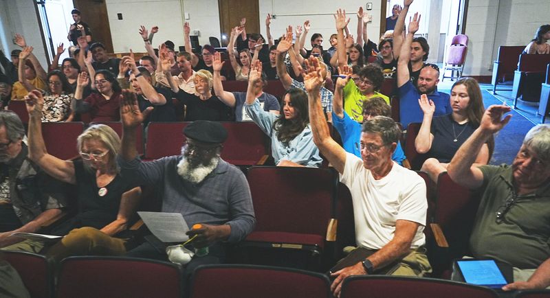 Residents gather during the Ames City Council's listening session about a possible data center on Tuesday, June 30, at City Auditorium in Ames, Iowa.