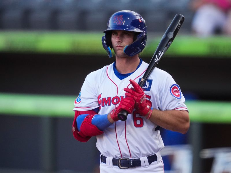 Knoxville Smokies’ Owen Ayers (6) at bat during the Minor League Baseball game against the Columbus Clingstones on July 1, 2026, in Knoxville, Tennessee.