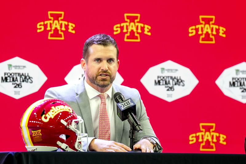 Jul 8, 2026; Frisco, TX, USA;  Iowa State head coach Jimmy Rogers speaks to reporters during Big 12 Conference Football Media Days at The Star. Mandatory Credit: Raymond Carlin III-Imagn Images