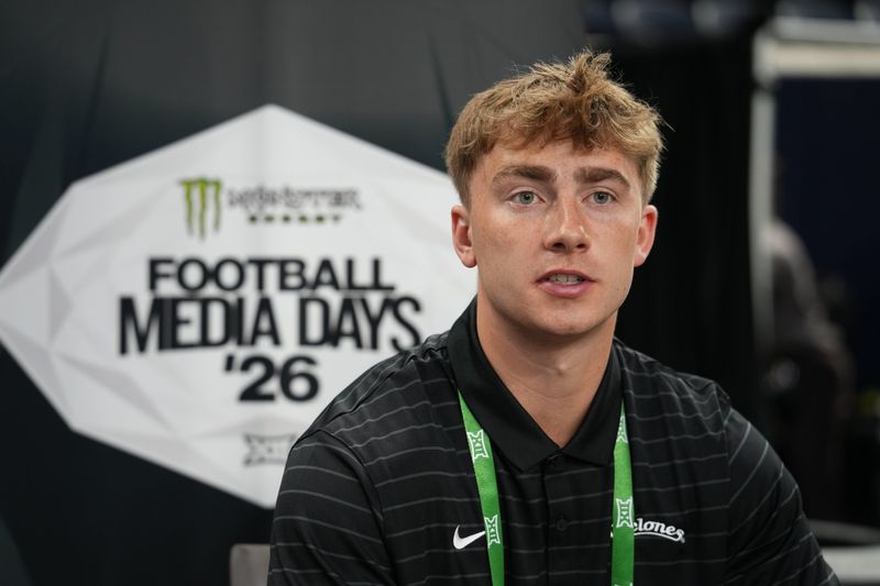 Jul 8, 2026; Frisco, TX, USA;  Iowa State kicker Kyle Konrardy speaks with reporters during Big 12 Conference Football Media Days at The Star. Mandatory Credit: Raymond Carlin III-Imagn Images