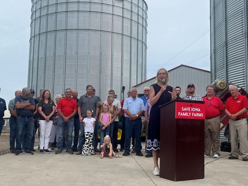 Republican U.S. Senate candidate Ashley Hinson calls on Congress to pass the "Save Our Bacon Act" as part of the next Farm Bill at a campaign event on a farm near Marshalltown on Friday, July 10, 2026.