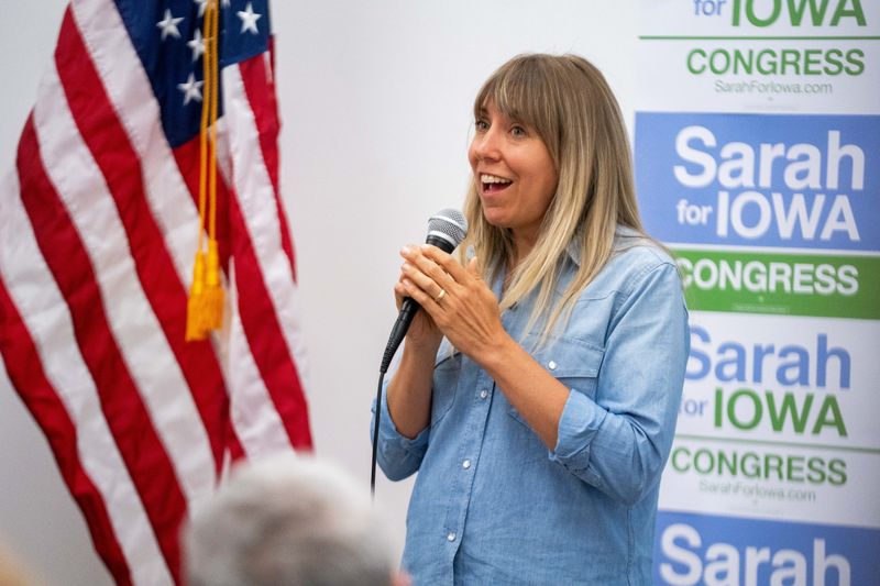 Democratic candidate for Iowa’s 3rd congressional district, Sarah Trone Garriott, speaks to a room of supporters on July 13, 2026, in Des Moines.