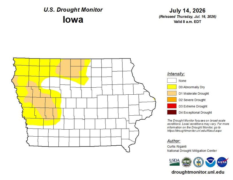 The U.S. Drought Monitor map shows drought conditions in Iowa as of July 14, 2026.