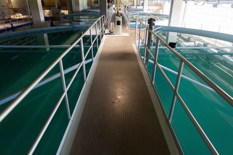 Water fills a tank July 16, 2026 at the Iowa City Water Treatment Facility in Iowa City, Iowa.