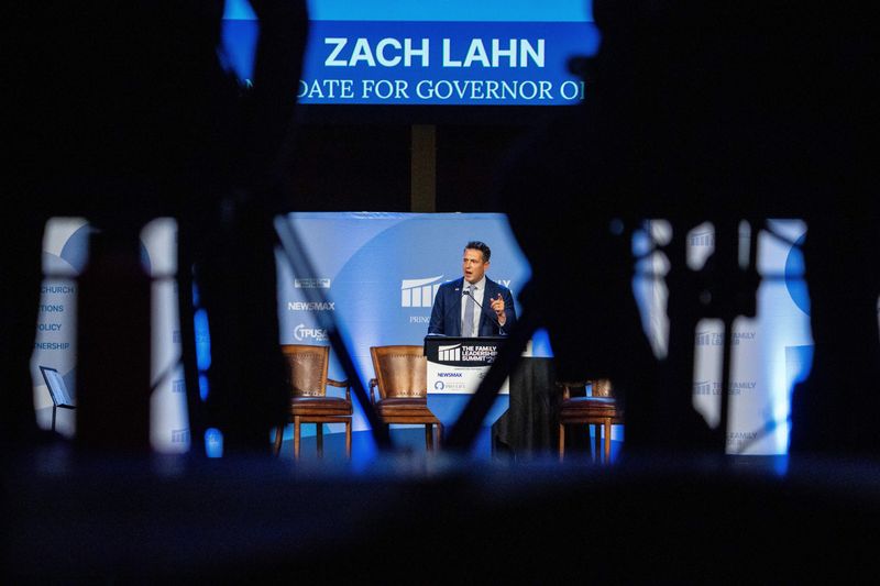 Republican gubernatorial candidate Zach Lahn speaks at the annual Family Leadership Summit on July 17, 2026, at the Community Choice Credit Union Convention Center in Des Moines.