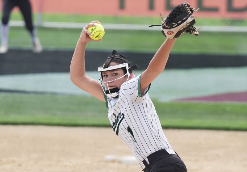 Chloe Cox, seen here pitching against Cardinal in the opening round of the state softball tournament on July 20, and the rest of the Grand View Christian softball team is headed to the Class 2A state championship game after sweeping Regina Catholic by scores of 11-8 and 4-2 during the July 22 2A double elimination competition at the state softball tournament in Fort Dodge.
