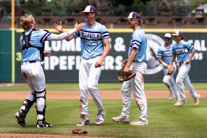 Indianola’s George Blake (1) high-fives teammates after Indianola defeated Southeast Polk 8-1 July 22, 2026 during a Class 4A Iowa state baseball tournament quarterfinal in Cedar Rapids, Iowa.