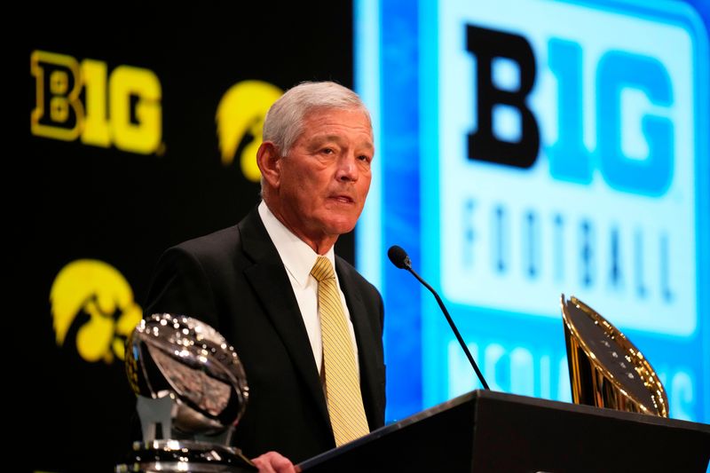 Jul 24, 2025; Las Vegas, NV, USA; Iowa head coach Kirk Ferentz speaks to the media during the Big Ten NCAA college football media days at Mandalay Bay Resort. Mandatory Credit: Lucas Peltier-Imagn Images