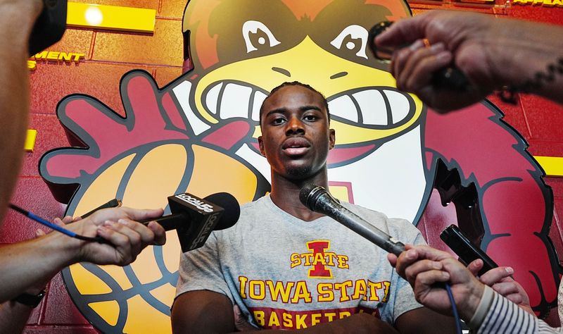 Iowa State’s Killyan Toure talks to media during the men’s basketball media availability at the university’s Sukup Basketball complex on July 28, 2026, in Ames, Iowa