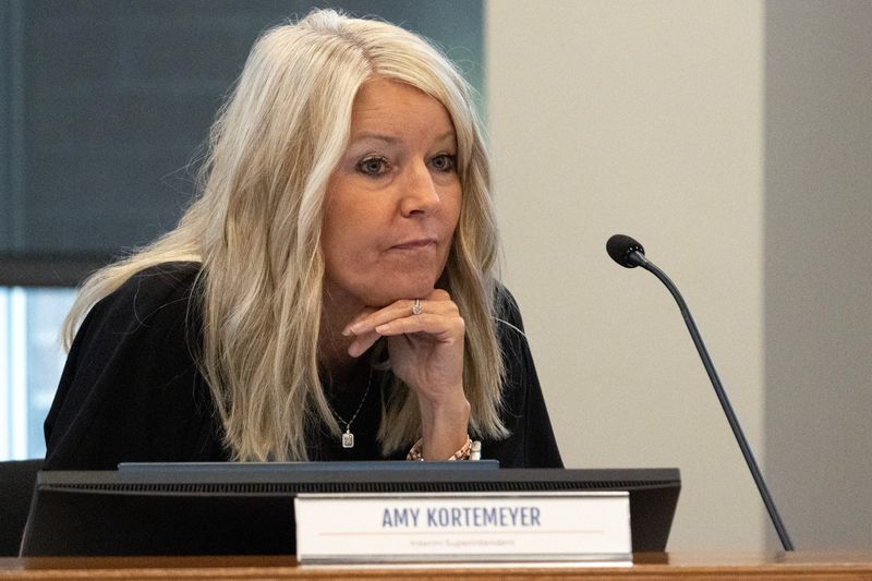 Interim Superintendent Amy Kortemeyer listens July 28, 2026 during a meeting of the Iowa City Community School District Board Meeting in Iowa City, Iowa.