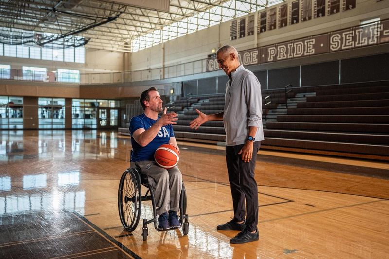 Former President Barack Obama films a video shooting hoops with Iowa Democrat Josh Turek to endorse Turek's bid for U.S. Senate.