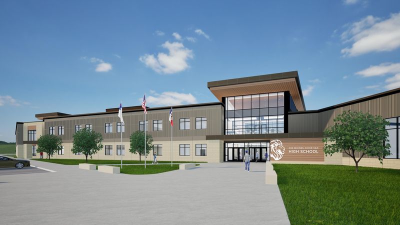 A rendering shows the vision for Des Moines Christian School's new high school planned to open in fall 2027 in Urbandale.