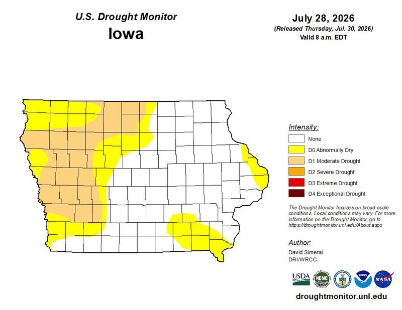 The U.S. Drought Monitor map shows the drought conditions in Iowa as of July 28, 2026.