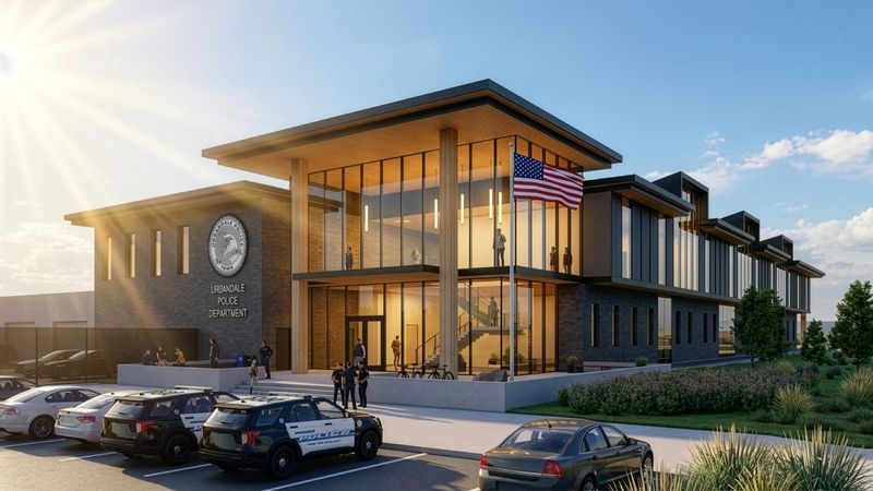 A rendering shows a daytime view of the proposed new police station in Urbandale that would be located at the southwest corner of 100th Street and Douglas Avenue.