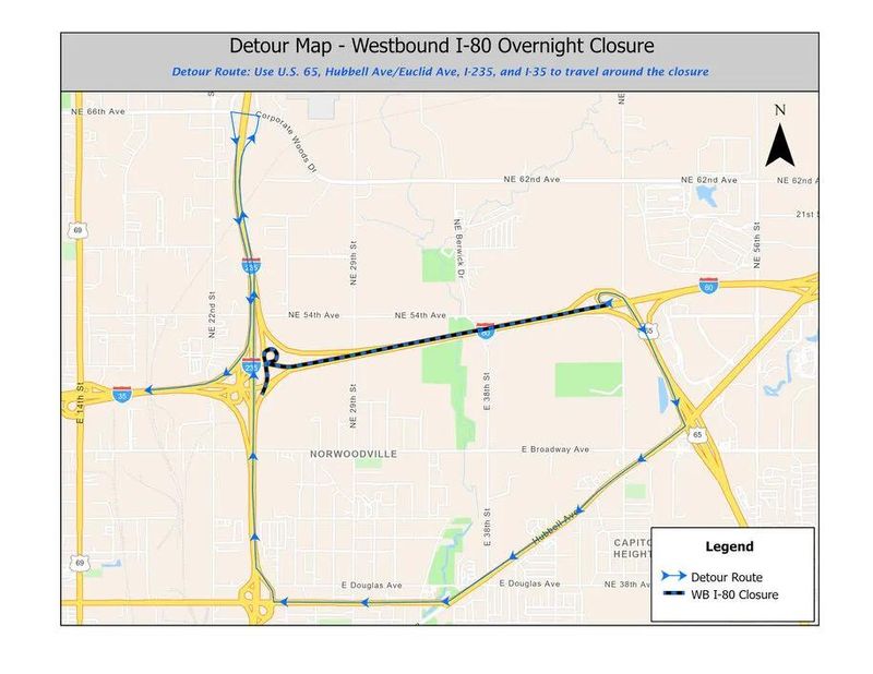 I-80 westbound will close overnight on Sunday, Aug. 2 through Monday, Aug. 3. A detour will take drivers through Des Moines and up toward Ankeny before being able to get back on I-80.