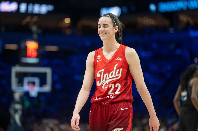 Aug 2, 2026; Minneapolis, Minnesota, USA; Indiana Fever guard Caitlin Clark (22) reacts to a play against the Minnesota Lynx in the second quarter at Target Center. Mandatory Credit: Matt Blewett-Imagn Images