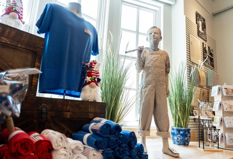 A model of Herbert Hoover fishing as a boy is pictured July 29, 2026 in the gift shop of the Herbert Hoover Presidential Library and Museum in West Branch, Iowa.
