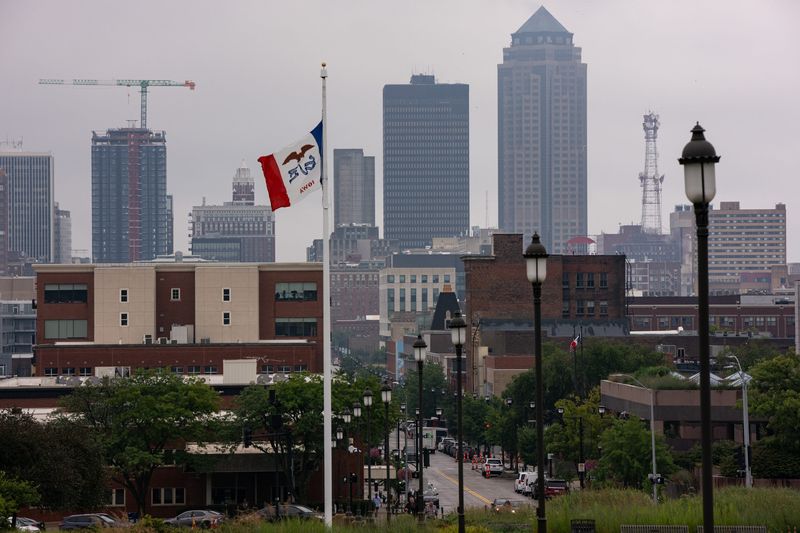 The Des Moines skyline is seen on a rainy day on Aug. 5, 2026, in Des Moines.