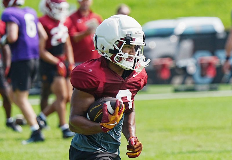 Iowa State running back Cameron Pettaway (0) runs with the ball during the university’s football open practice at Johnny Majors practice field on August 8, 2026, in Ames, Iowa.