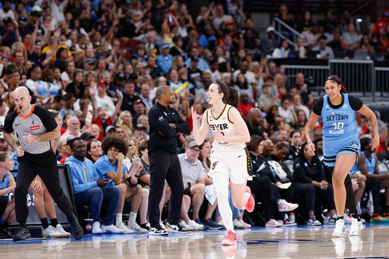 Aug 8, 2026; Chicago, Illinois, USA; Indiana Fever guard Caitlin Clark (22) reacts after scoring against the Chicago Sky during the second half of a game at the United Center. Mandatory Credit: Kamil Krzaczynski-Imagn Images