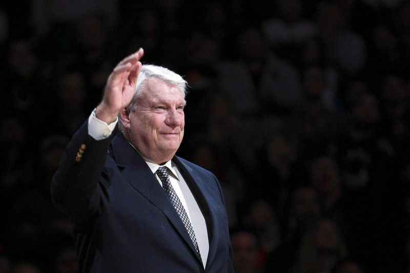 March 19, 2012; Oakland, CA, USA; Golden State Warriors former coach Don Nelson waves to fans during the half time ceremony to retire the #17 jersey of Chris Mullin at Oracle Arena. Mandatory Credit: Kelley L Cox-USA TODAY Sports