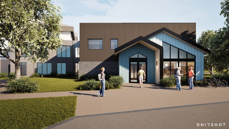 A rendering shows a design for the main entry of a new permanent supportive housing project by Greater Des Moines Supportive Housing in West Des Moines and Urbandale.