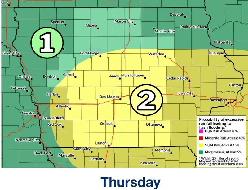 The excessive rain risk map for Iowa on Thursday, Aug. 13, 2026.