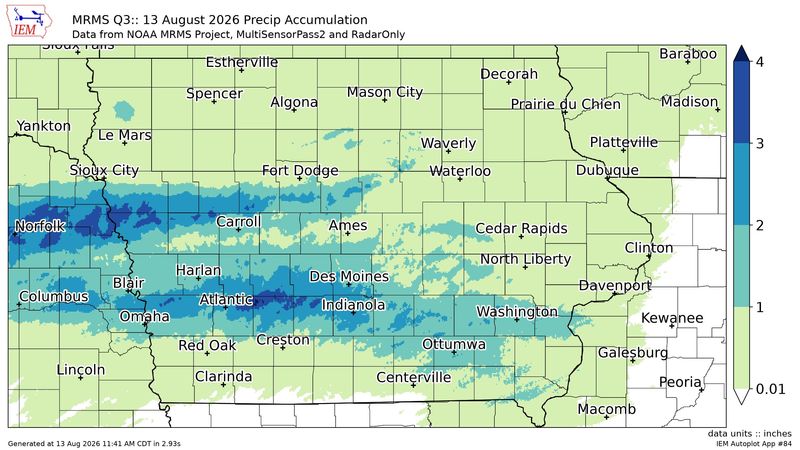 The heaviest rainfall on Thursday, Aug. 13 was reported in western and central Iowa.