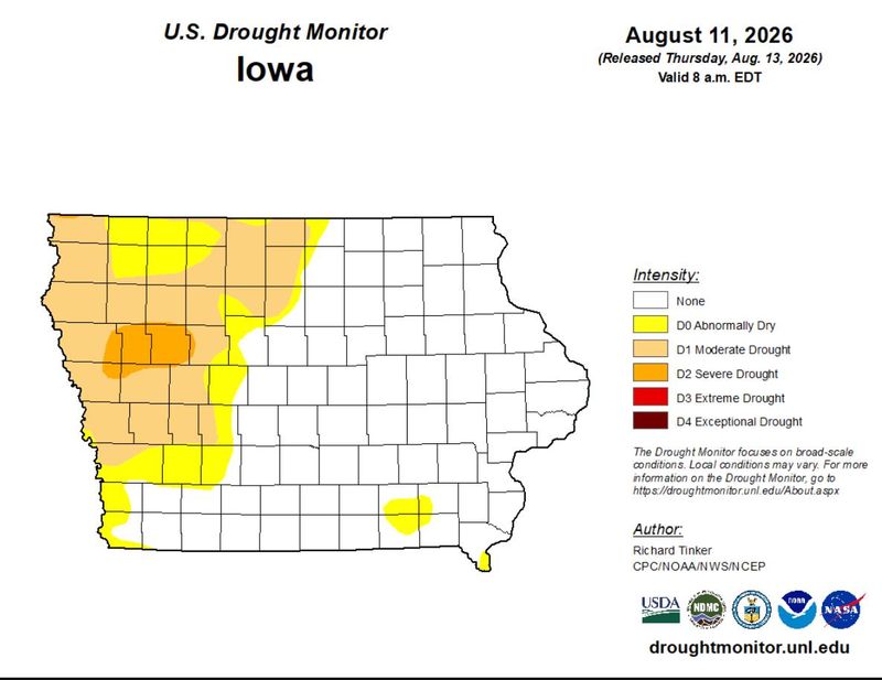 The U.S. Drought Monitor map shows conditions in Iowa as of Aug. 11, 2026