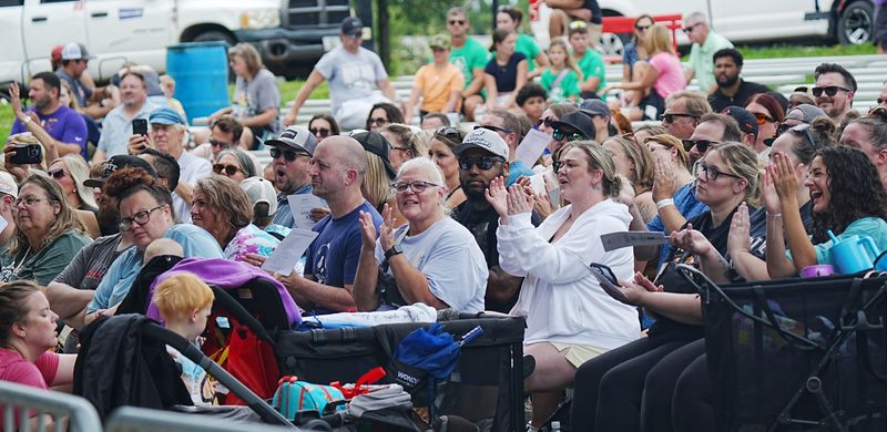 The audience applauds dance performances on the first day of the Iowa State Fair on Aug. 13, 2026, at the Iowa State Fair Grandstand in Des Moines.