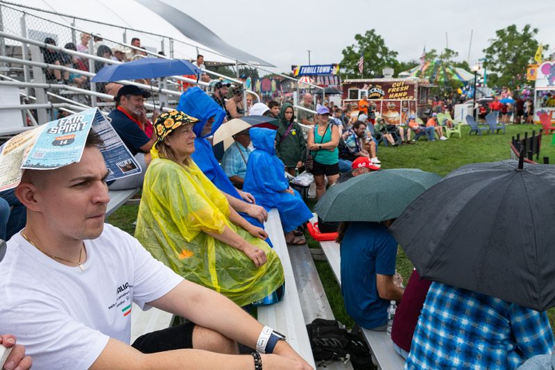 Audience members watch the Paul Bunyan Lumberjack Show at the Iowa State Fair on Aug. 14, 2026, in Des Moines.