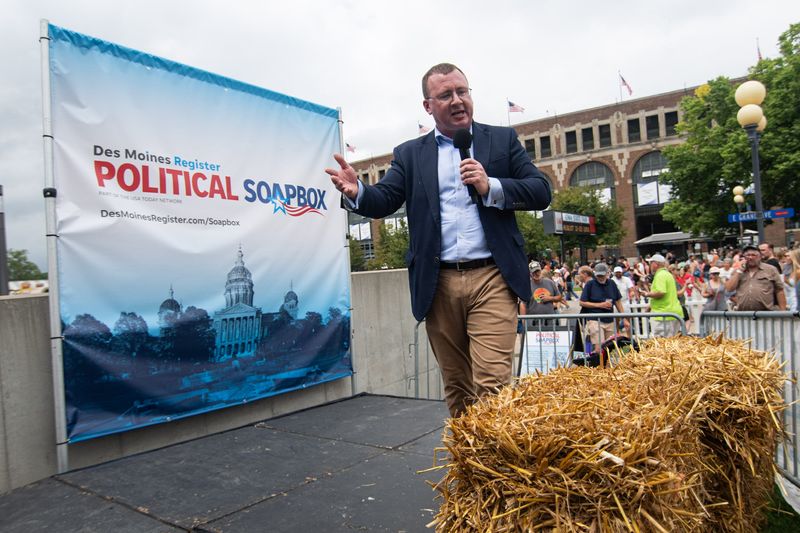 Libertarian candidate for Senate Thomas Laehn speaks at the Des Moines Register Political Soapbox at the Iowa State Fair on Aug. 15, 2026, in Des Moines.
