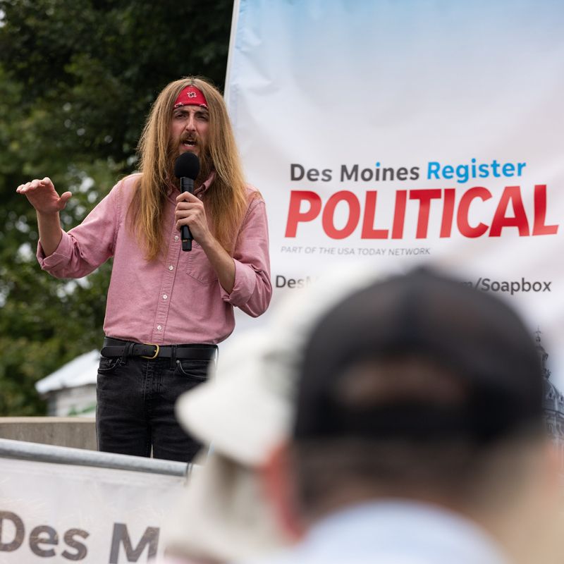 Independent candidate for U.S. House Dave Bushaw speaks at the Des Moines Register Political Soapbox at the Iowa State Fair on Aug. 15, 2026, in Des Moines.