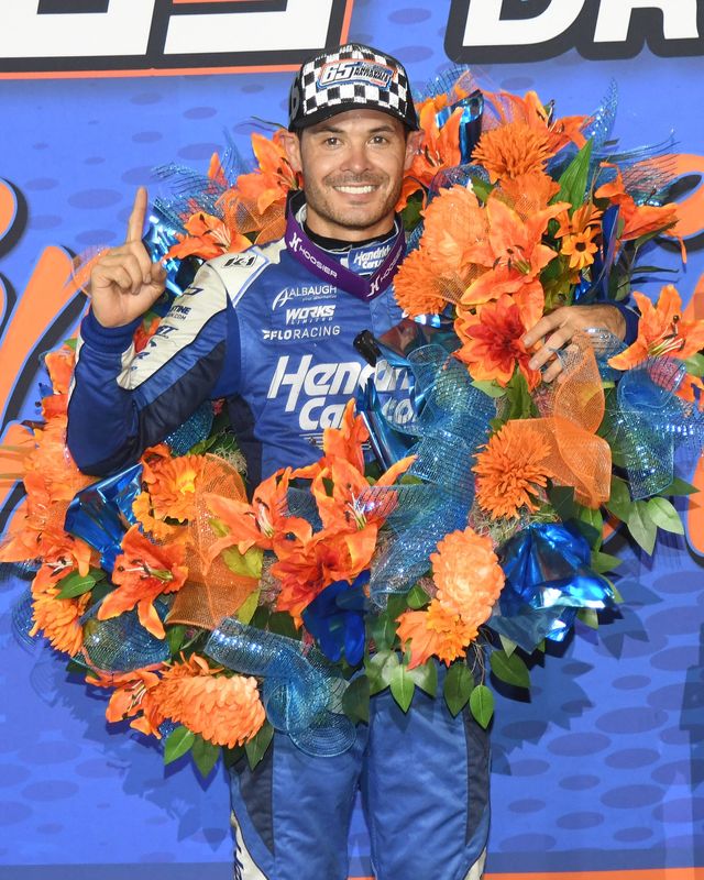 Kyle Larson celebrates in Victory Lane after winning his fourth Knoxville Nationals championship on Aug. 16, 2026.