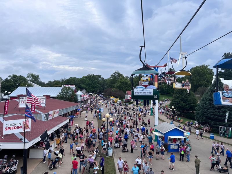 The crowd at the Iowa State Fair is seen from the Sky Glider on Aug. 16, 2026, in Des Moines.