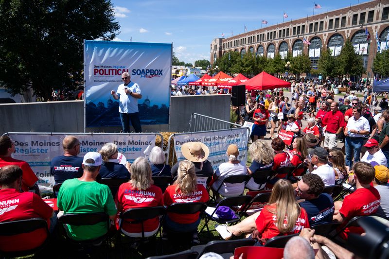 Republican candidate for Iowa's 4th congressional district Chris McGowan speaks at The Des Moines Register Political Soapbox on Aug. 17, 2026, at the Iowa State Fairgrounds.