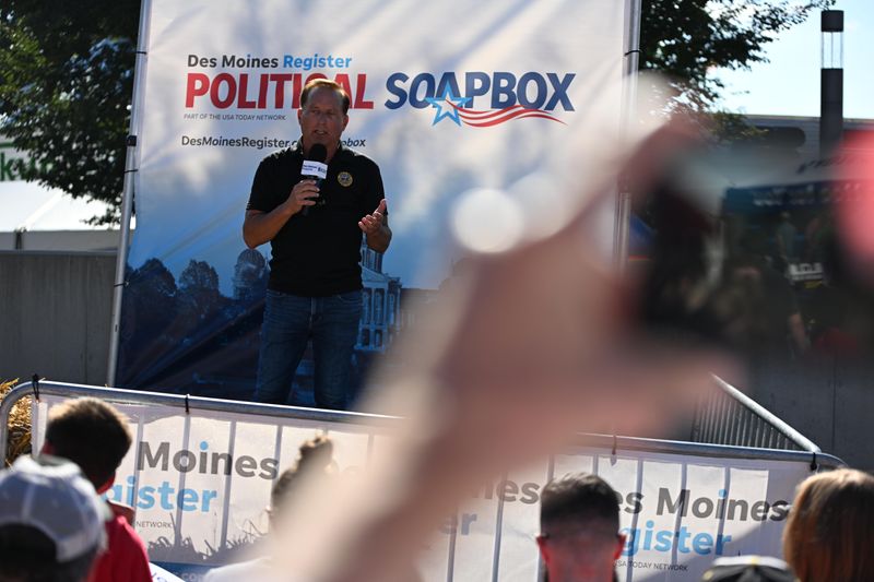 Republican candidate for Secretary of State Paul Pate speaks at the Des Moines Register Soapbox at the Iowa State Fair on Aug. 17, 2026, in Des Moines.