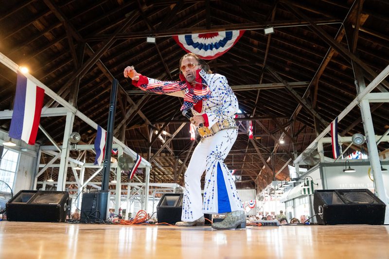 James David Brown performs an Elvis Presley tribute show at the Iowa State Fair on Aug. 17, 2026, at the Iowa State Fairgrounds.