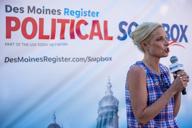 Republican candidate for Senate Ashley Hinson speaks at the Des Moines Register Soapbox at the Iowa State Fair on Aug. 17, 2026, in Des Moines.