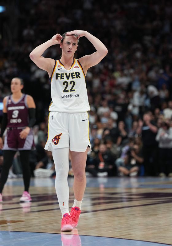 Aug 18, 2026; Toronto, Ontario, CAN; Indiana Fever guard Caitlin Clark (22) reacts against the Toronto Tempo during the first quarter at Scotiabank Arena. Mandatory Credit: Nick Turchiaro-Imagn Images