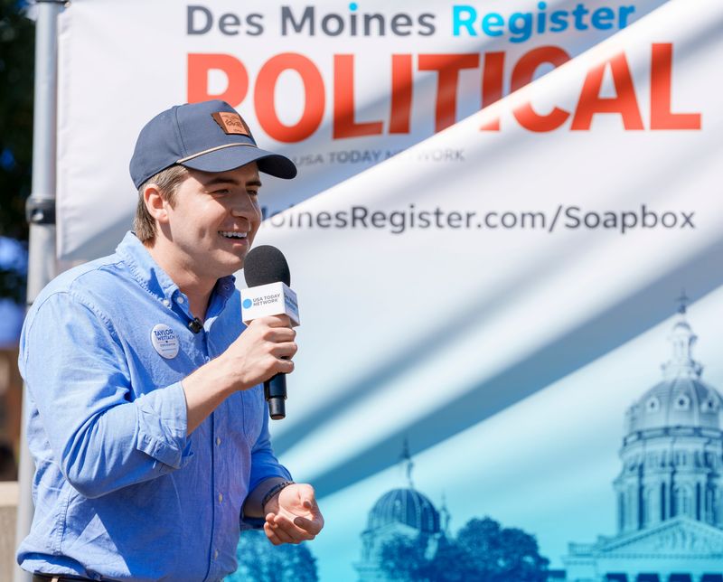 Democratic candidate for Auditor Taylor Wettach speaks during the Des Moines Register Soapbox at the Iowa State Fair Saturday, Aug. 22, 2026.