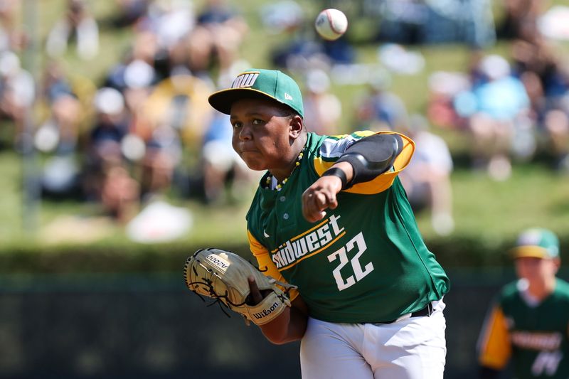Aug 23, 2026; Williamsport, PA, USA;  Midwest Region starting pitcher Anthony Johnson Jr (22) throws a pitch during the fourth inning against the Metro Region at Howard J. Lamade Stadium.  Mandatory Credit: Matthew O'Haren-Imagn Images