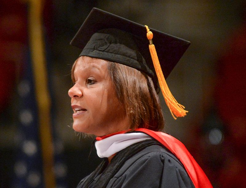 Congresswoman Robin Kelly of the 2nd District, and Bradley alumni, addresses the graduating class during the 2014 commencement. RON JOHNSON/JOURNAL STAR