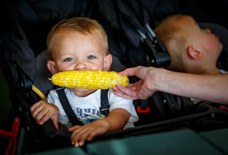 Augie Jimenez, 1, gets a little help with his ear of corn while sharing with his twin brother, Charlie, right, during the Chatham Jaycees 41st annual Sweet Corn Festival at the Chatham Community Park, Friday, July 18, 2014, in Chatham.