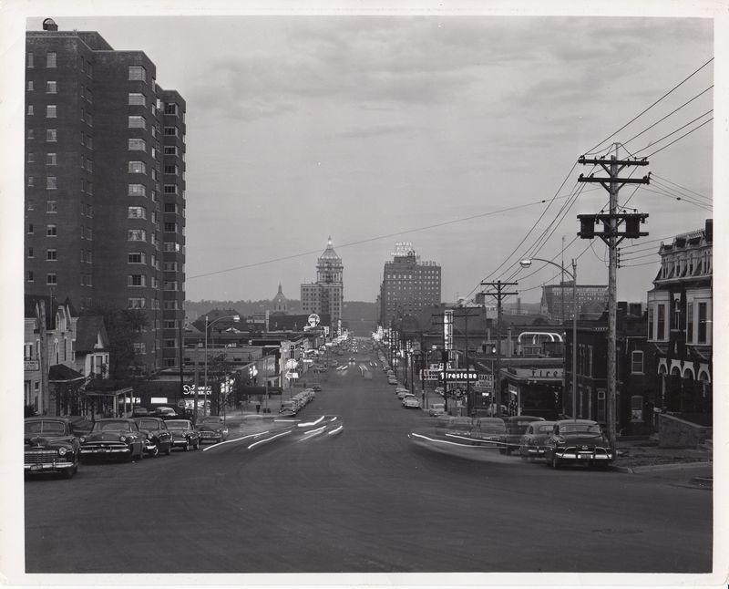 A view of Main Street in downtown Peoria looking toward the Illinois River in the 1950s.