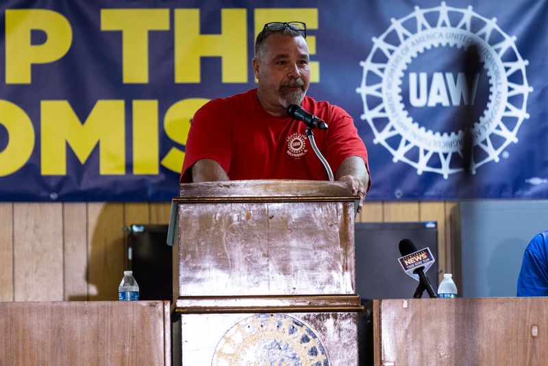 UAW Local 1268 President Matt Frantzen speaks to the crowd Thursday, Aug. 22, 2024, during a Keep the Promise Rally at the UAW Hall, 1100 Chrysler Drive, in Belvidere.